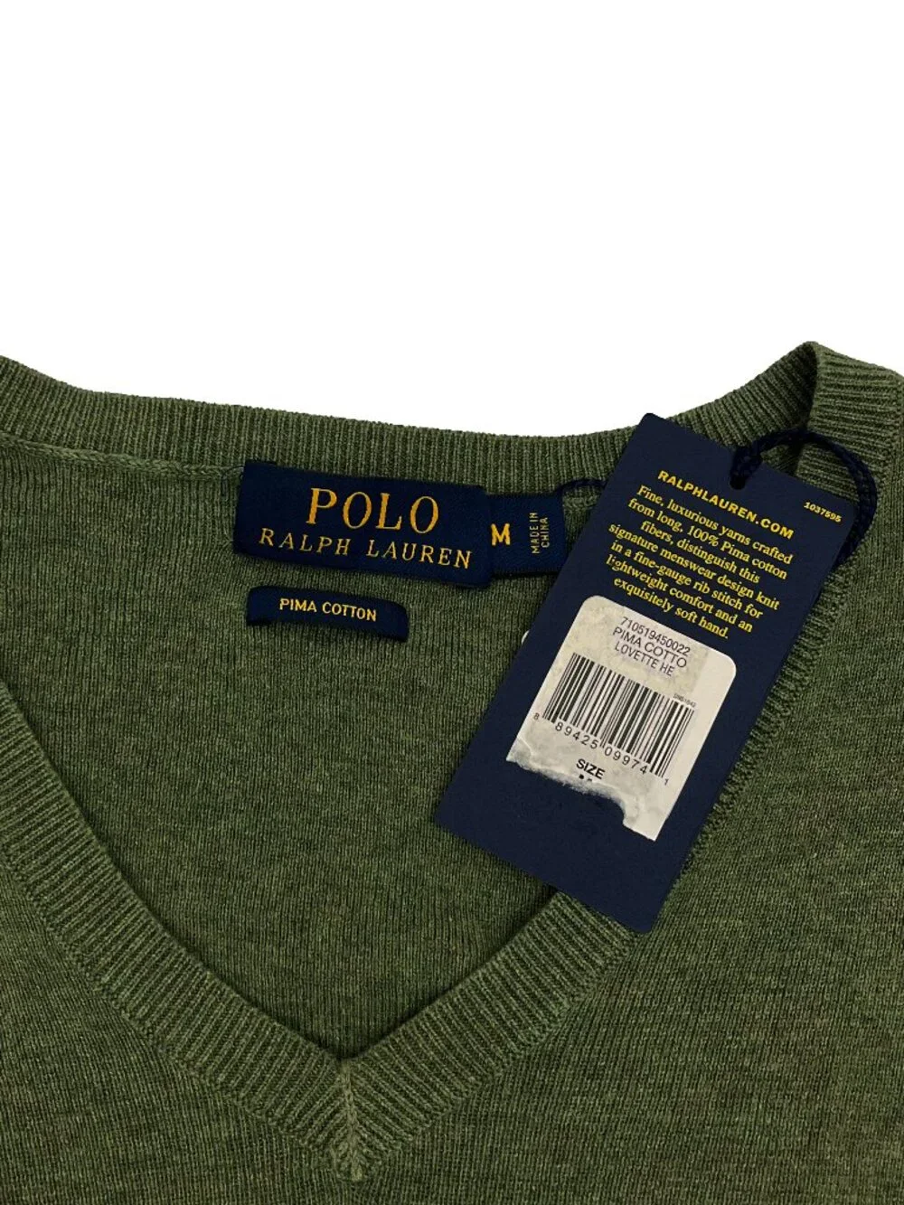 Polo Ralph Lauren NEW NWT Sweater Pima Cotton Heather Green v-neck Men M